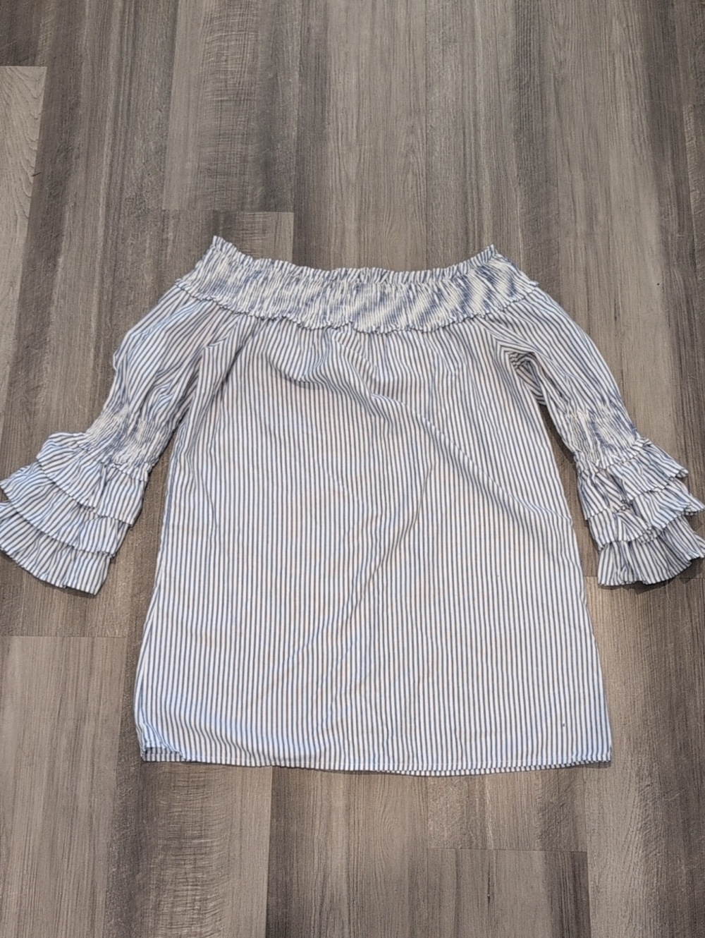 Style House Striped Off-Shoulder Ruffle Sleeve Top - Blue